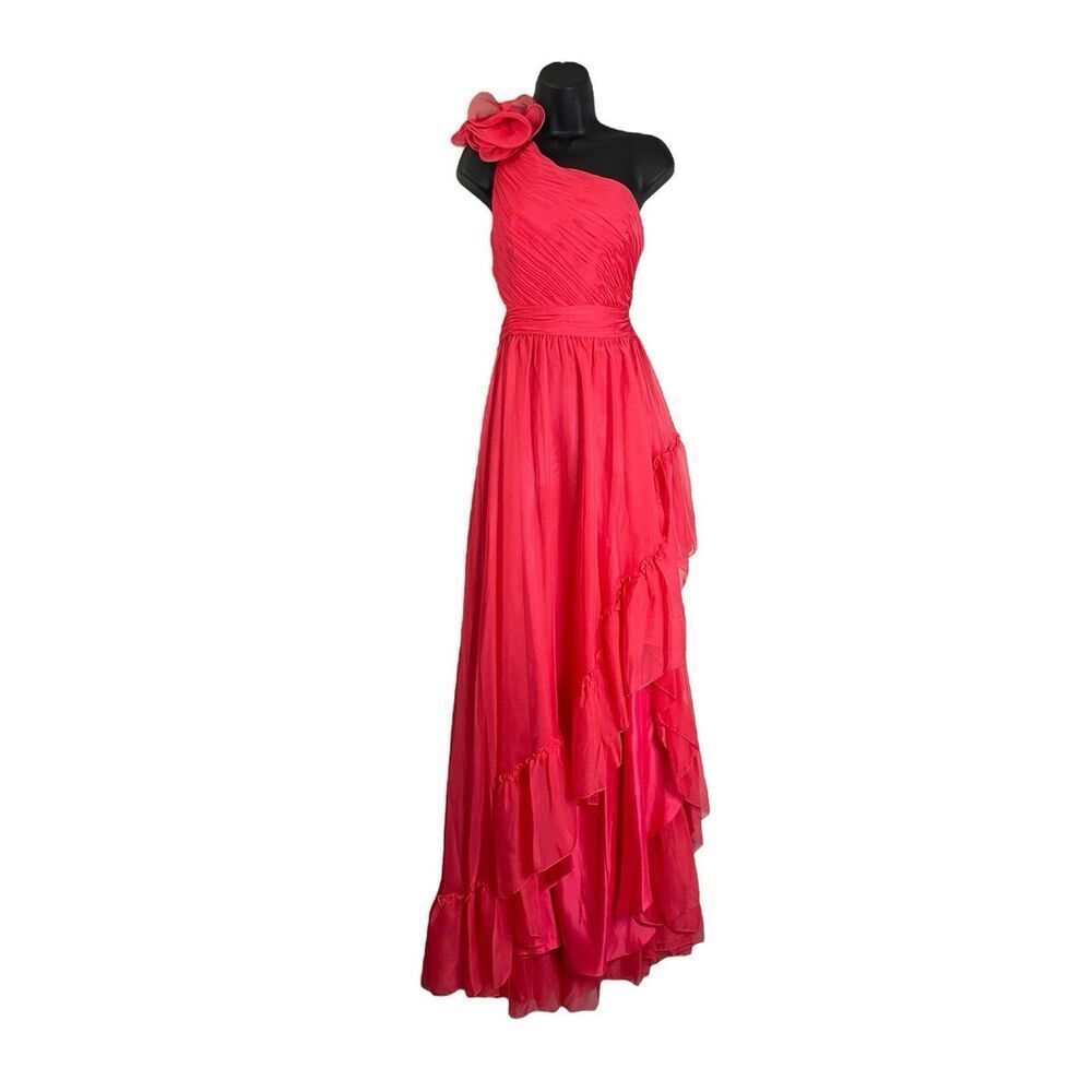 Mac Duggal 8 NWT One Shoulder Hot Pink Chiffon Ruffle Maxi Gown Lace Up 'Cherry'